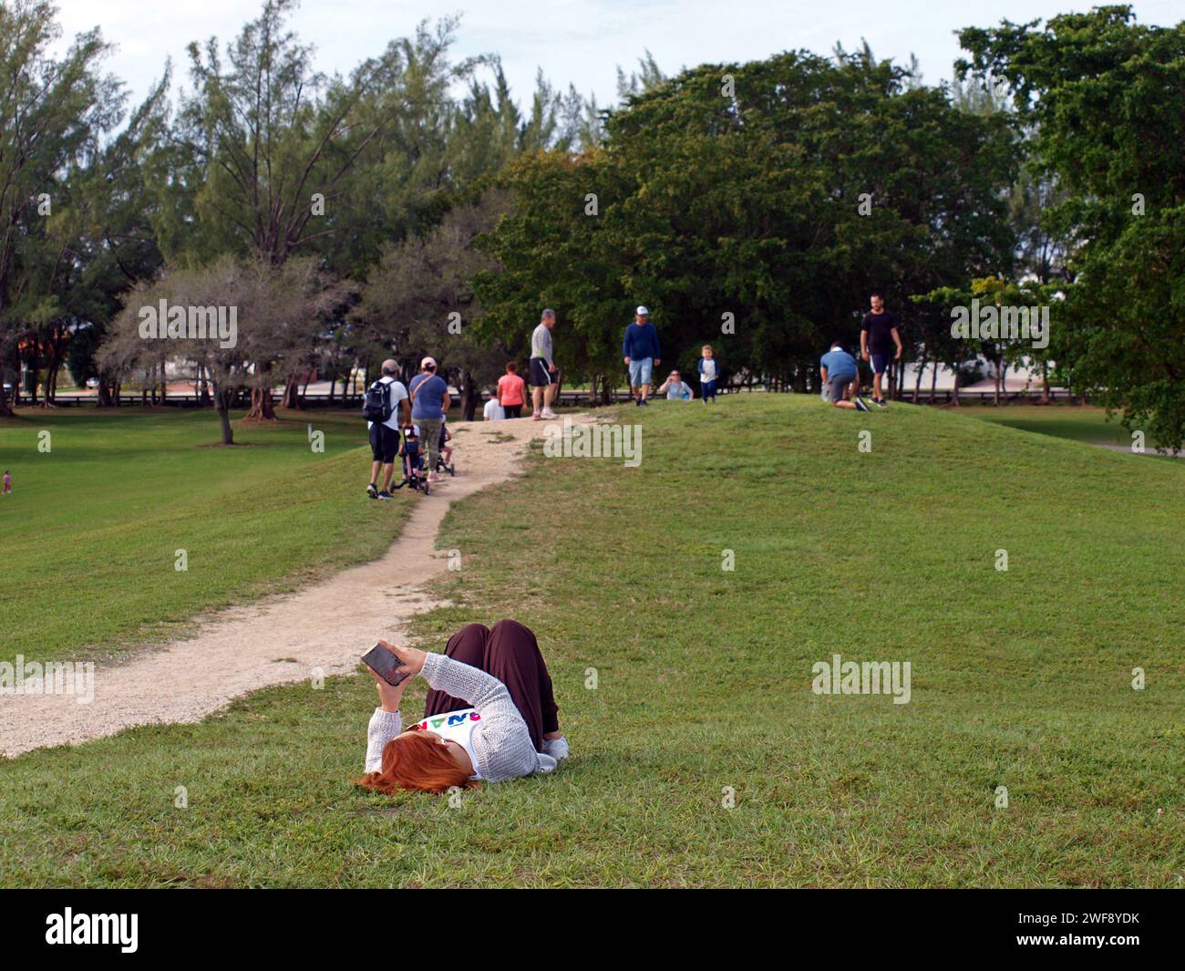 Miami, Florida, USA - 20. Januar 2024: Menschen, die die Natur in einem Park genießen. Eine Frau, die auf dem Gras ruht und ihr Telefon surft. Stockfoto