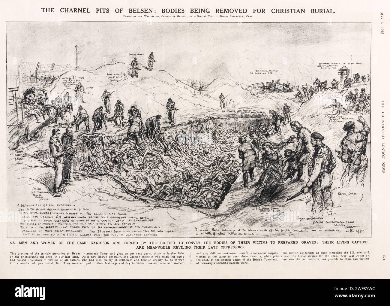 Eine Zeichnung von Bryan de Grineau, die den Horror des Konzentrationslagers Bergen-Belsen nach seiner Befreiung durch die alliierten Streitkräfte im Jahr 1945 zeigt. De Grineau war als Kriegskünstler bei der Illustrated London News angestellt, wo dieses Bild veröffentlicht wurde Stockfoto