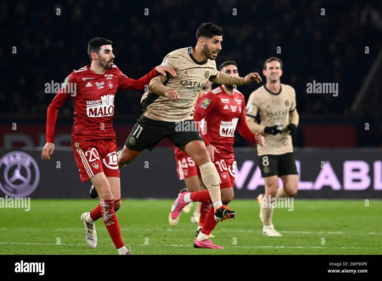 Paris, Frankreich. Januar 2024. © Julien Mattia/Le Pictorium/MAXPPP - Paris 28/01/2024 Julien Mattia/Le Pictorium - 28/01/2024 - France/Ile-de-France/Paris - Marco Asensio lors de la 19eme Journee de ligue 1 Ubereats, entre le PSG et Brest au Parc des Princes, le 28. Janvier 2024 - Valeurs ACtuelles out, no jdd, jdd OUT, RUSSIA OUT, NO RUSSIA #norussia/28/01/2024 - France/Ile-de-France (Region)/Paris - Marco Asensio während der 19. Journee de ligue 1 Ubereats, zwischen PSG und Brest im Parc des Princes, 28. Januar 2024 Credit: MAXPPP/Alamy Live News Stockfoto