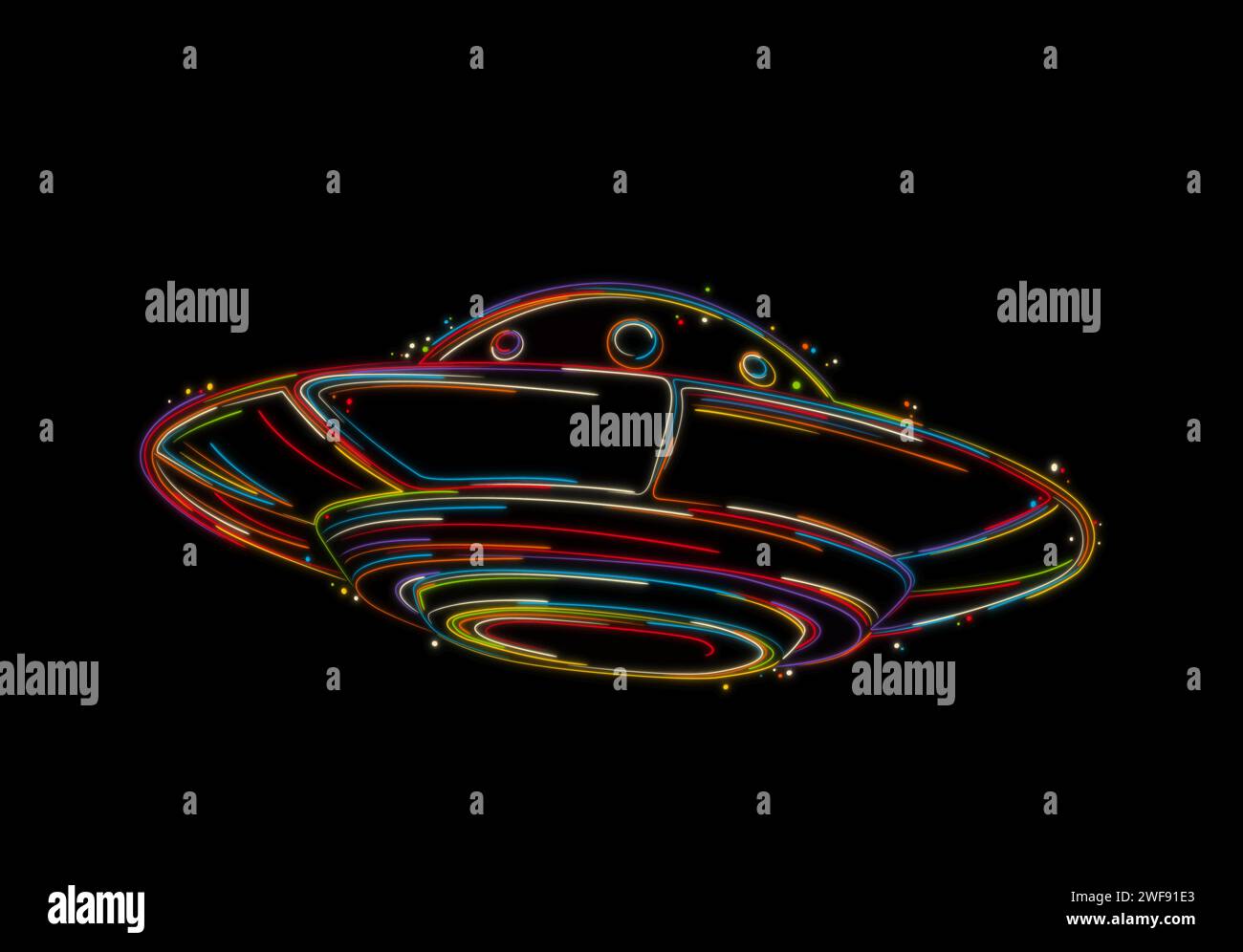 Fliegende Untertasse Skizze, UFO, stilisierte Vektorhandzeichnung in Farben über Schwarz Stock Vektor