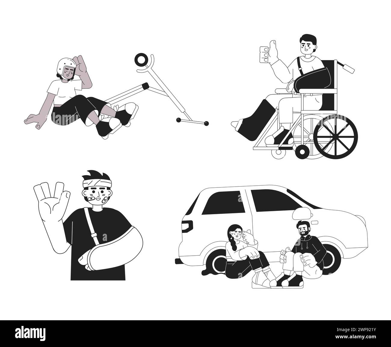 Glückliche Unfälle im täglichen Leben Schwarz-weiß-Zeichentrickfiguren-Set Stock Vektor