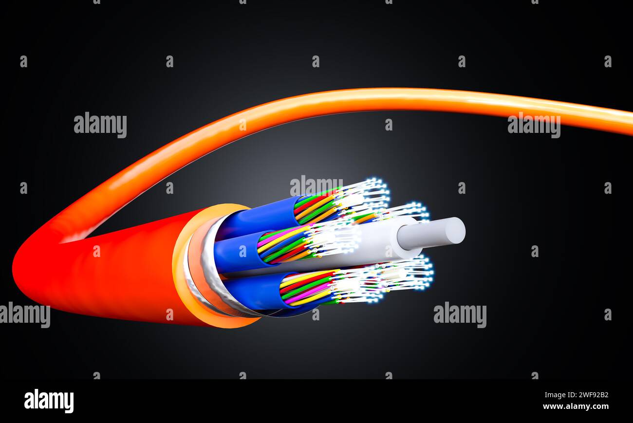 Orangefarbenes Glasfaserkabel, schnelle Internetverbindung. 3D-Rendering Stockfoto