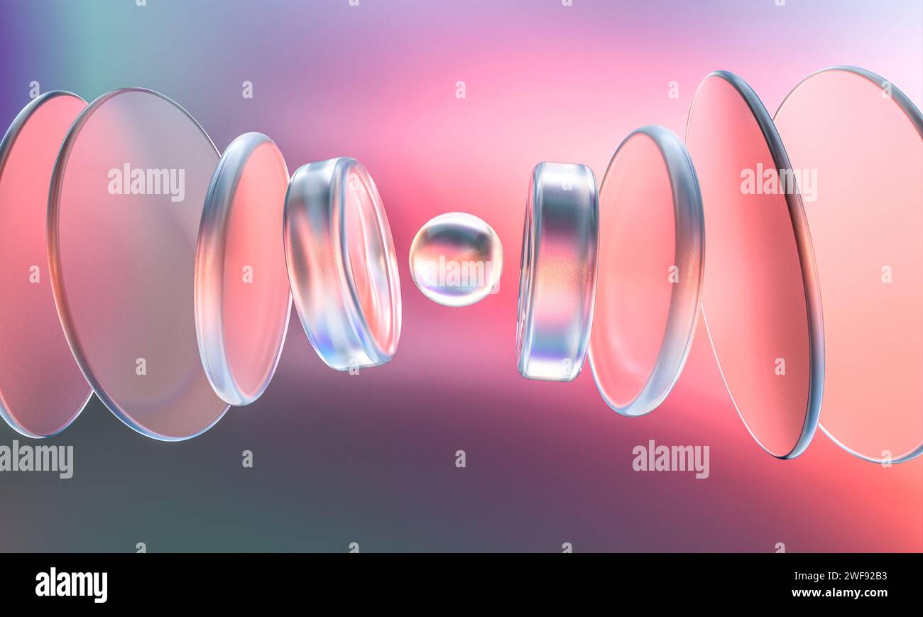 Abstrakter Hintergrund kreisförmiger Glaslinsen mit Reflexionen und Brechungen. 3D-Rendering Stockfoto