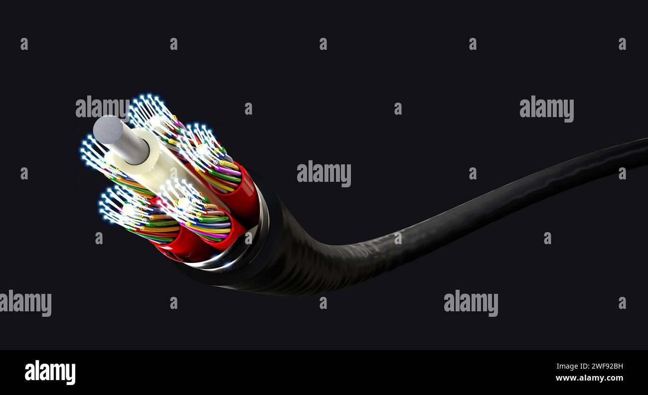 Glasfaserkabel, schnelle Internetverbindung. 3D-Rendering Stockfoto