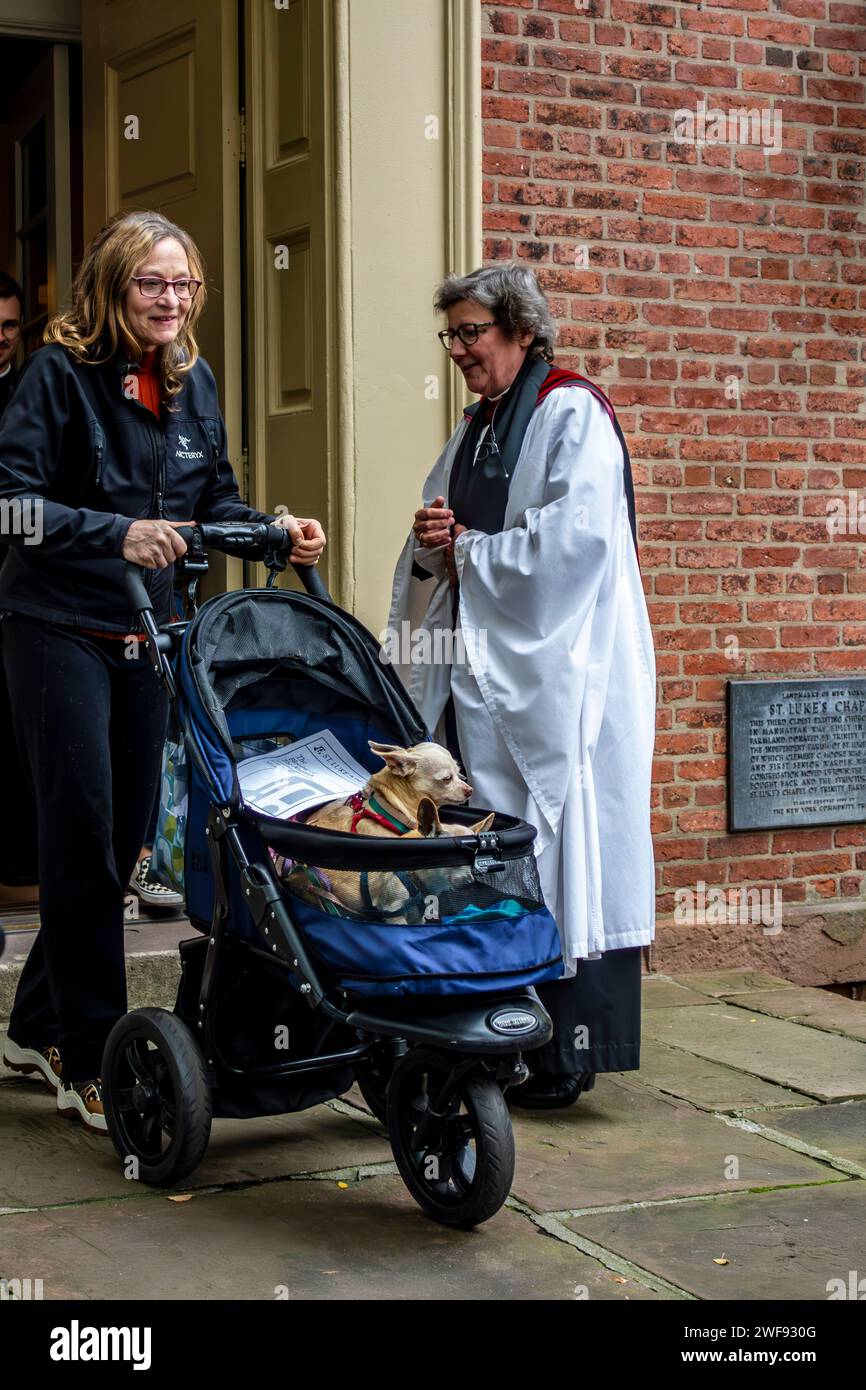 Reverend Caroline Stacey spricht mit einem Gemeindemitglied mit Hunden in einer Kutsche zum Segen der Tiere, St. Luke auf den Feldern, New York City Stockfoto