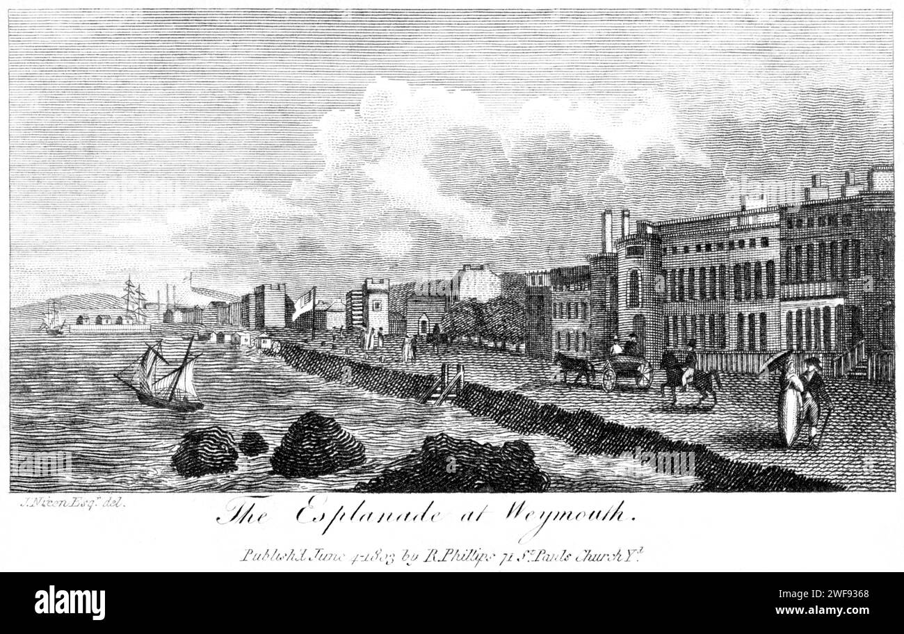 Eine Gravur der Esplanade in Weymouth, Dorset UK, gescannt in hoher Auflösung aus einem 1806 gedruckten Buch. Urheberrechtlich geschützt. Stockfoto