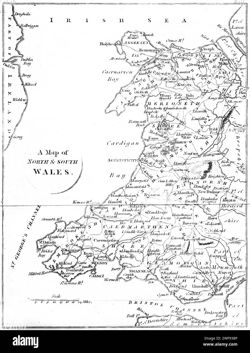 Eine Karte von Nord- und Südwales Großbritannien, die mit hoher Auflösung aus einem 1806 gedruckten Buch gescannt wurde. Dieses Bild ist frei von jeglichem historischen Urheberrecht. Stockfoto