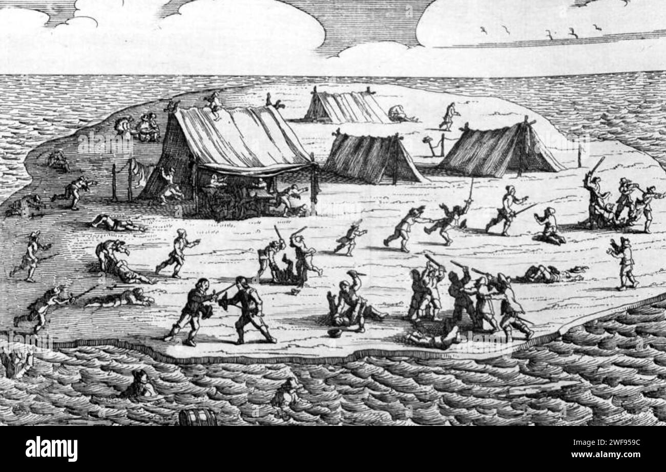 JERONIMUS CORNELISZ (um 1598–1629) Händler der Niederländischen Ostindien-Kompanie, der nach dem Schiffbruch des Firmenschiffs Batavia im Jahr 1628 eine blutige Meuterei führte. Massaker an Überlebenden auf Beacon Island mit einem xc 1647 Gravur. Stockfoto