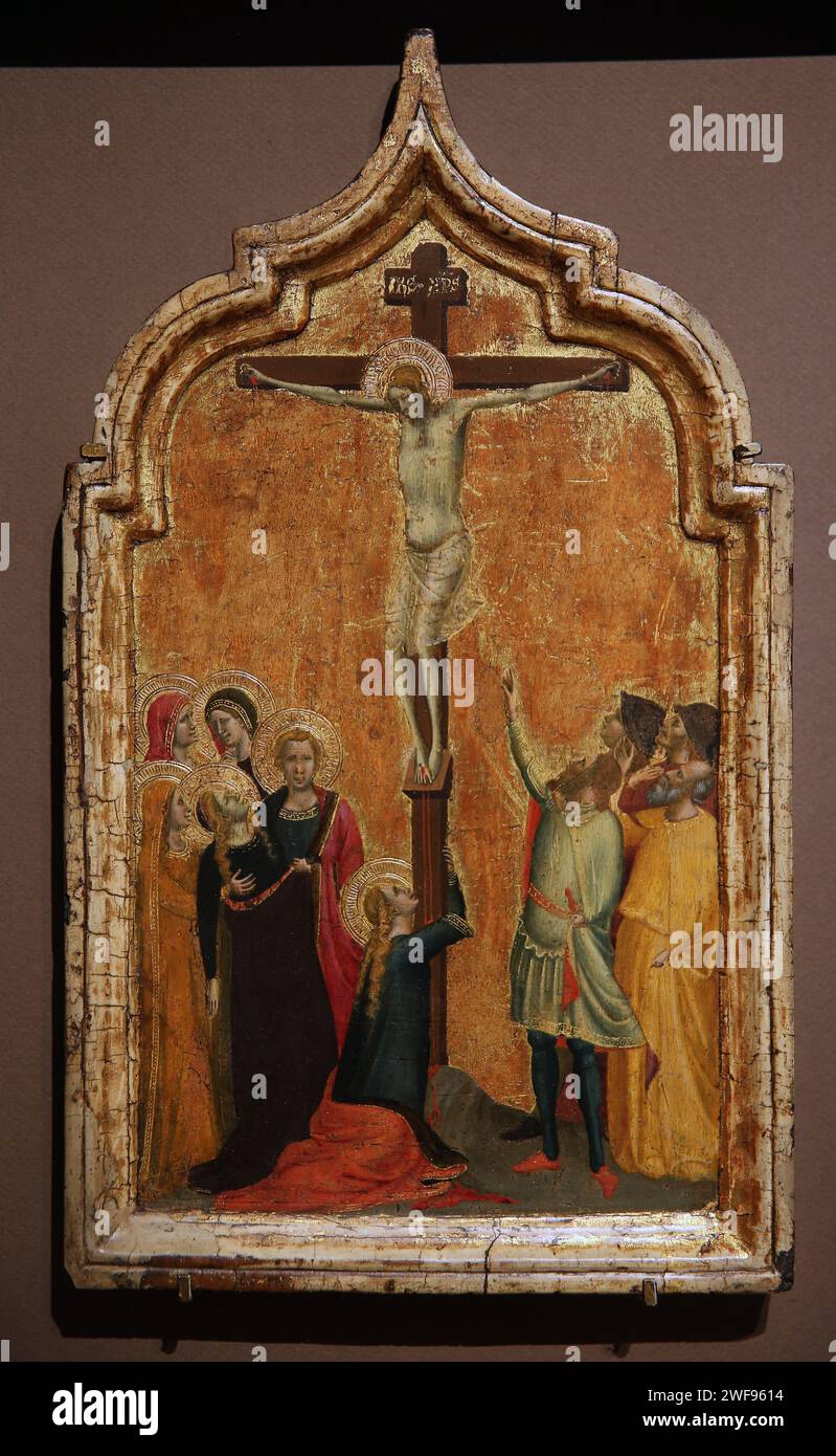 Die Kreuzigung. c. 1330-1335 von Bernardo Daddi (ca. 1280-1348). Tempera und Gold auf der Platte. Thyssen Museum. Madrid. Spanien. Stockfoto