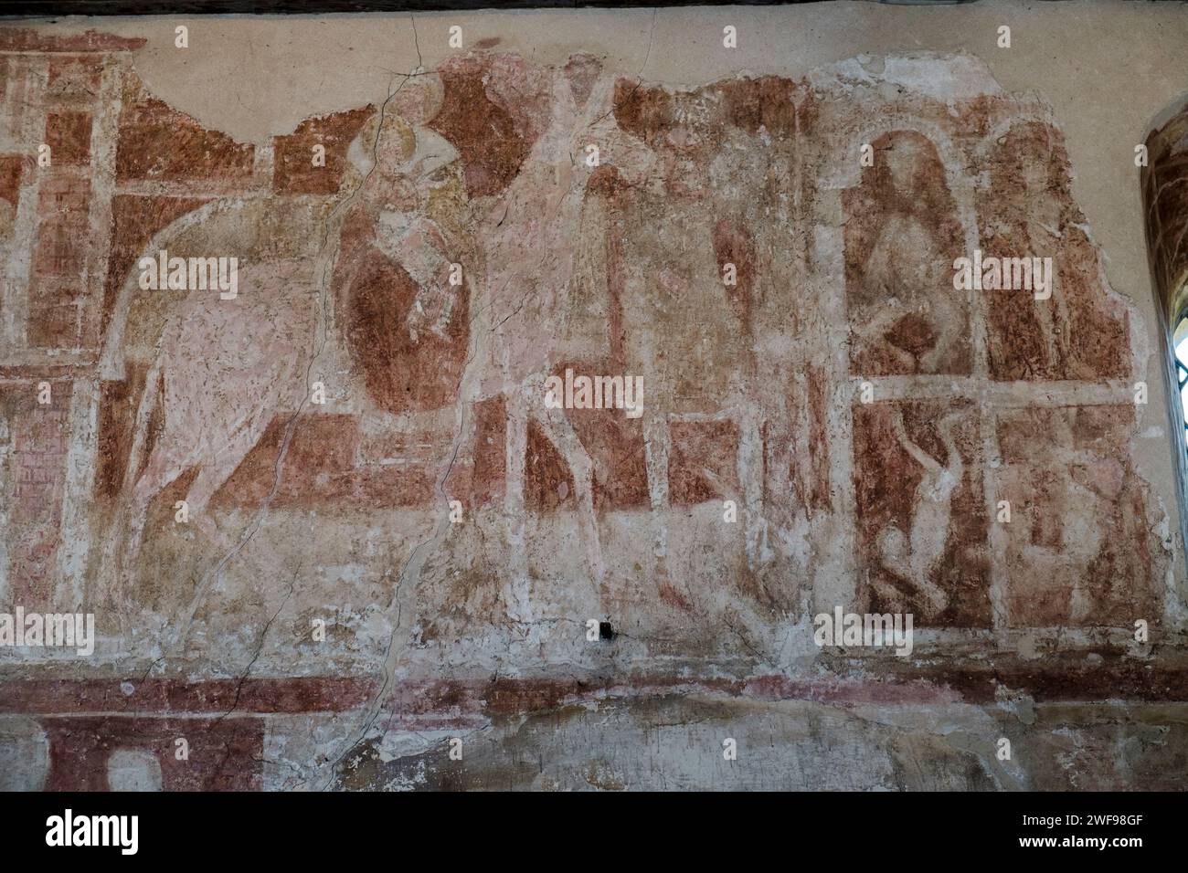 Hardham Church Saxon erbaut mit Wandmalereien aus dem Jahr 1100 n. Chr., die den Flug nach Ägypten darstellen Stockfoto