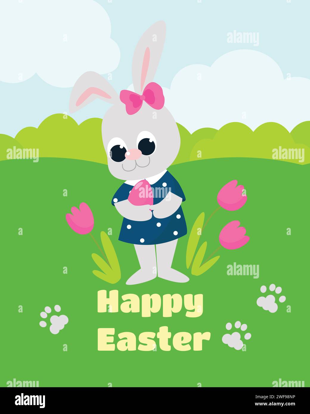 Osterkarte. Ein sehr süßes Kaninchen steht neben Blumen und hält ein farbiges Ei in der Hand. Zeichentrickfiguren isoliert auf weißem Hintergrund. Stock Vektor