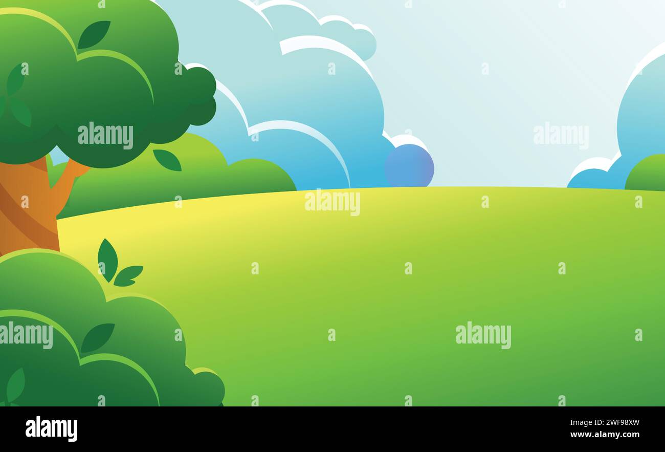 Grüne Sommer- oder Frühlingslandschaft im Cartoon-Stil. Bäume, Büsche und Wolken werden von der Sonne beleuchtet. Stock Vektor