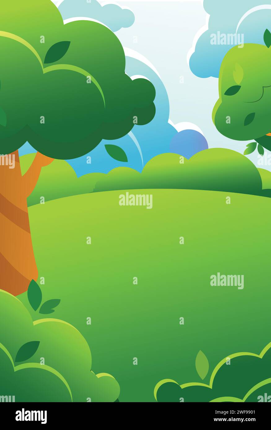 Grüne Sommer- oder Frühlingslandschaft im Cartoon-Stil. Wald- oder Parkwiese mit Bäumen, Büschen und Wolken. Vertikale Abbildung. Stock Vektor