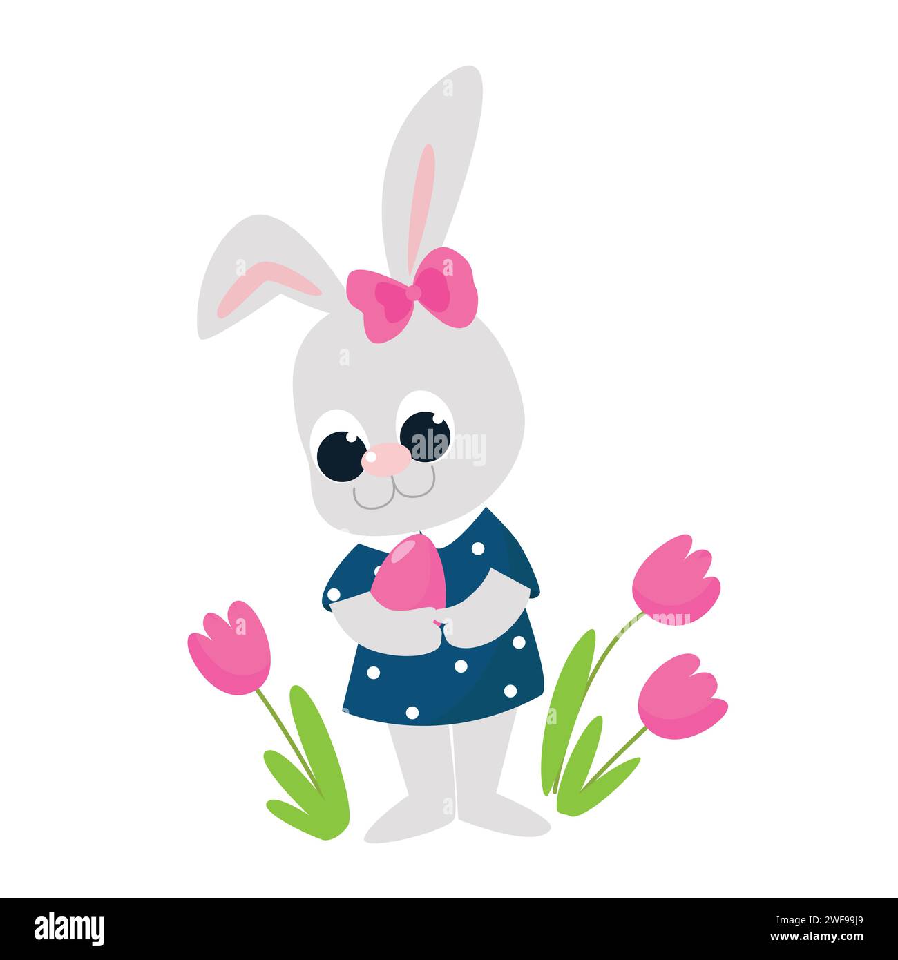 Ein sehr süßes Kaninchen steht neben Blumen und hält ein farbiges Ei in der Hand. Zeichentrickfiguren isoliert auf weißem Hintergrund. Stock Vektor