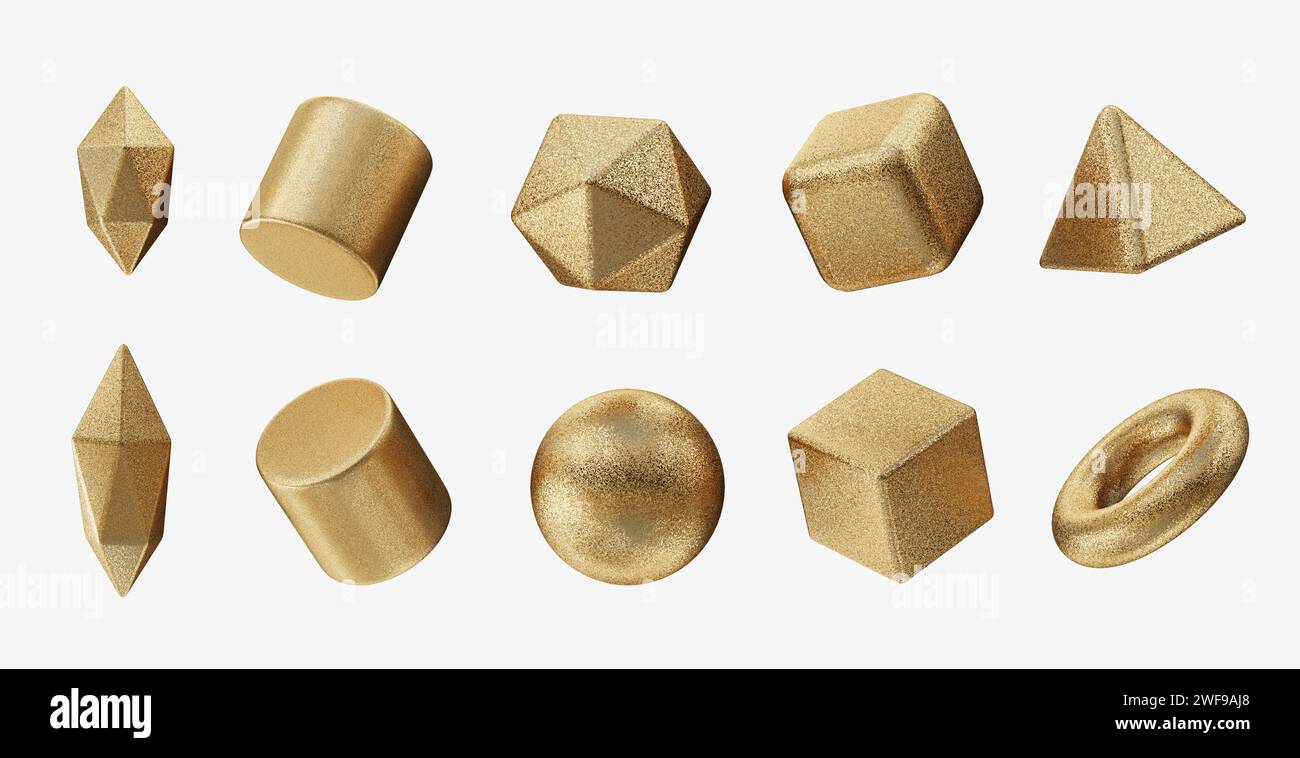 Gold Object Geometrieform Set isolierter Hintergrund 3D-Rendering ohne AI generiert Stockfoto