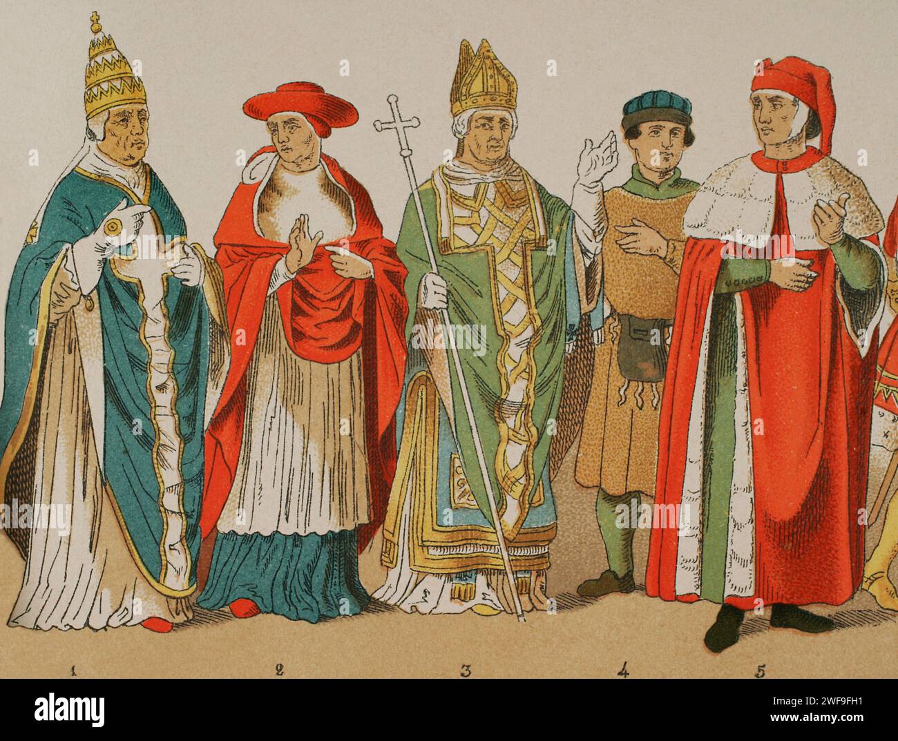 Geschichte Italiens. 1300. Von links nach rechts, 1: Papst, 2: kardinal, 3: erzbischof, 4: Bürger, 5: ritter. Chromolithographie. "Historia Universal", von César Cantú. Band VI, 1885. Stockfoto