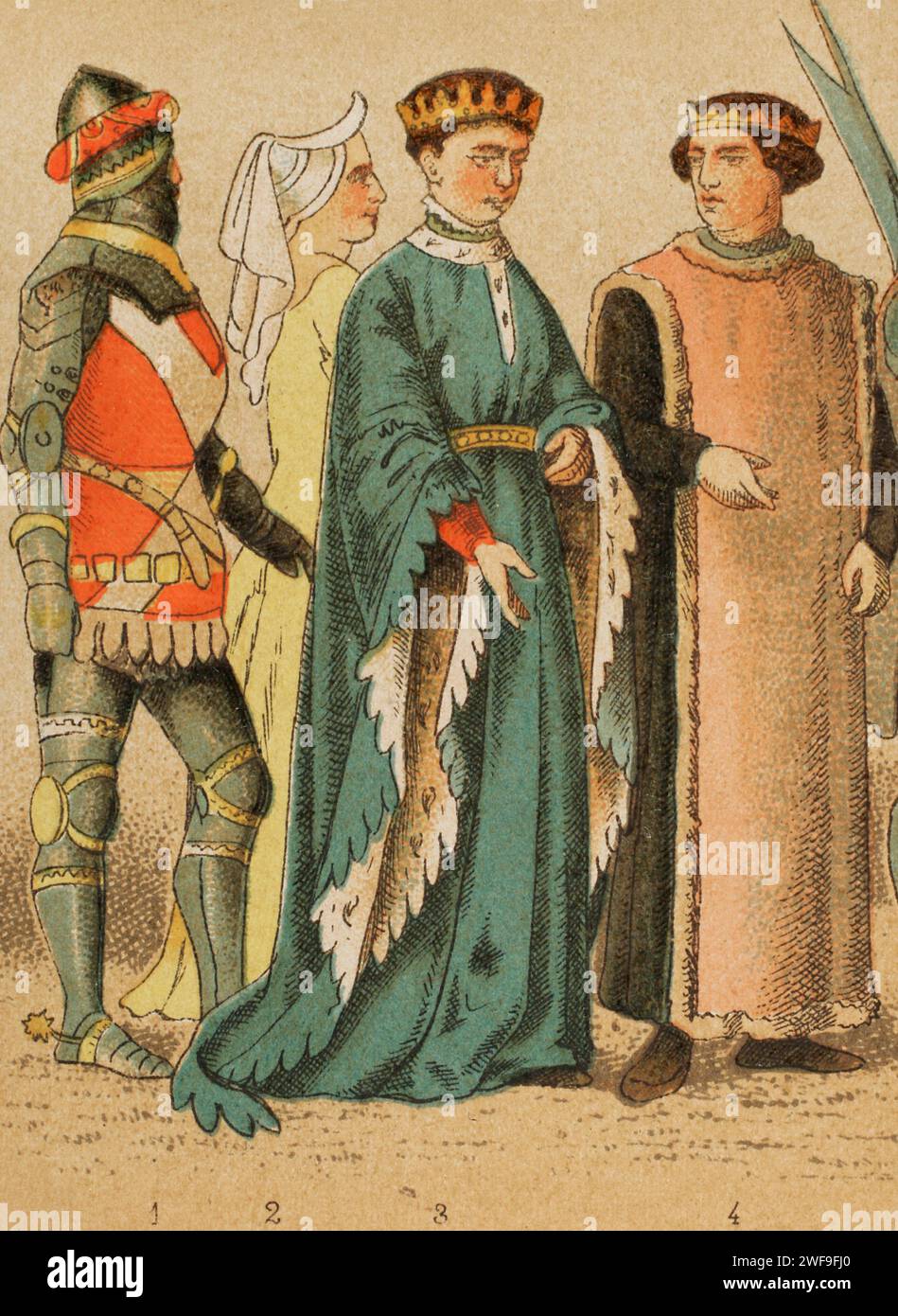 Geschichte Englands. 1400-1450. Von links nach rechts, 1: knight (1417), 2: Lady, 3: König Heinrich V. von England (1386–1422), 4: earl. Chromolithographie. "Historia Universal", von César Cantú. Band VI, 1885. Stockfoto