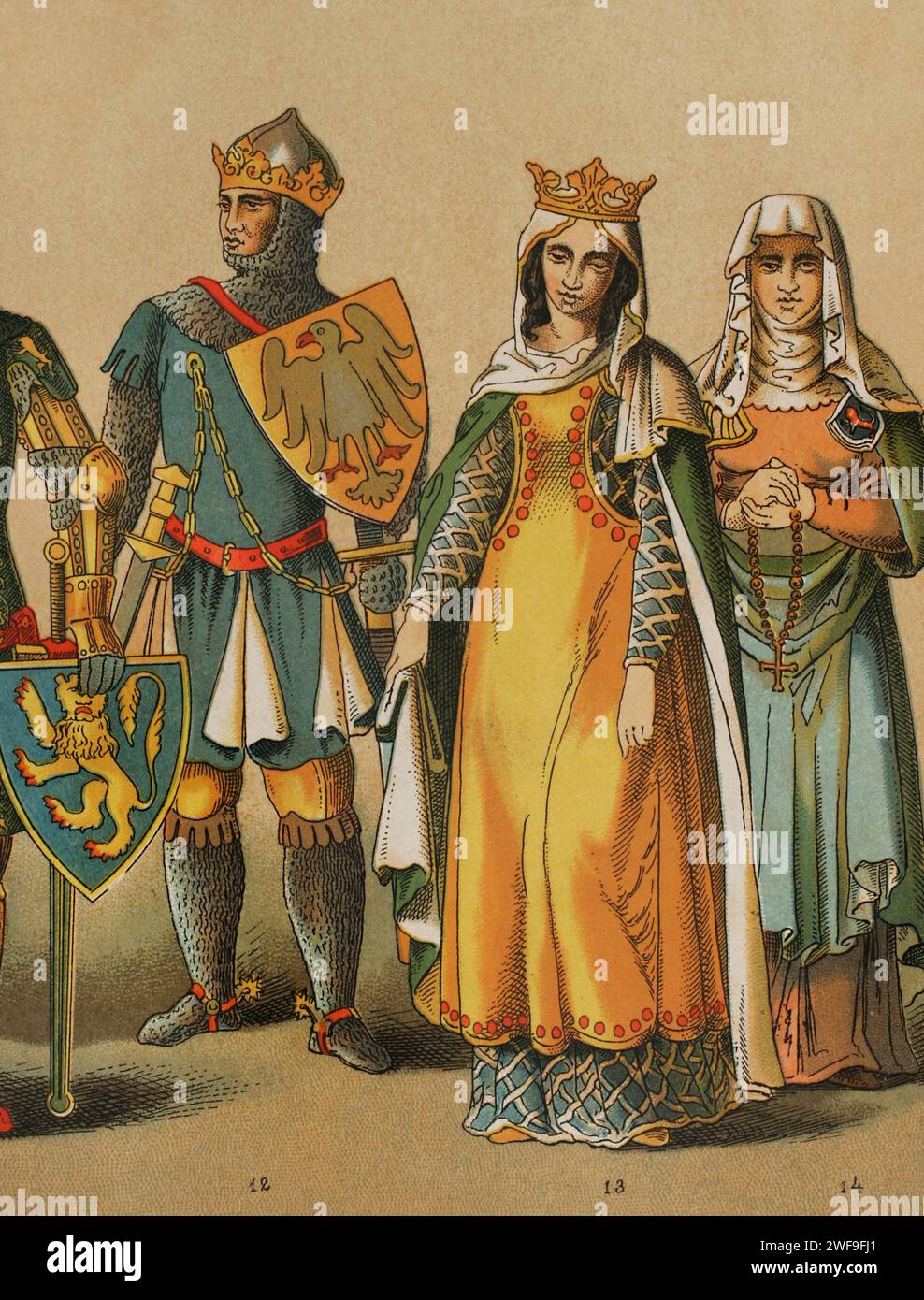Geschichte Deutschlands. 1300-1350. Von links nach rechts 12: Ludwig IV. Der Bayerische (1282–1347), 13: Königin, 14: dame. Chromolithographie. "Historia Universal", von César Cantú. Band VI, 1885. Stockfoto