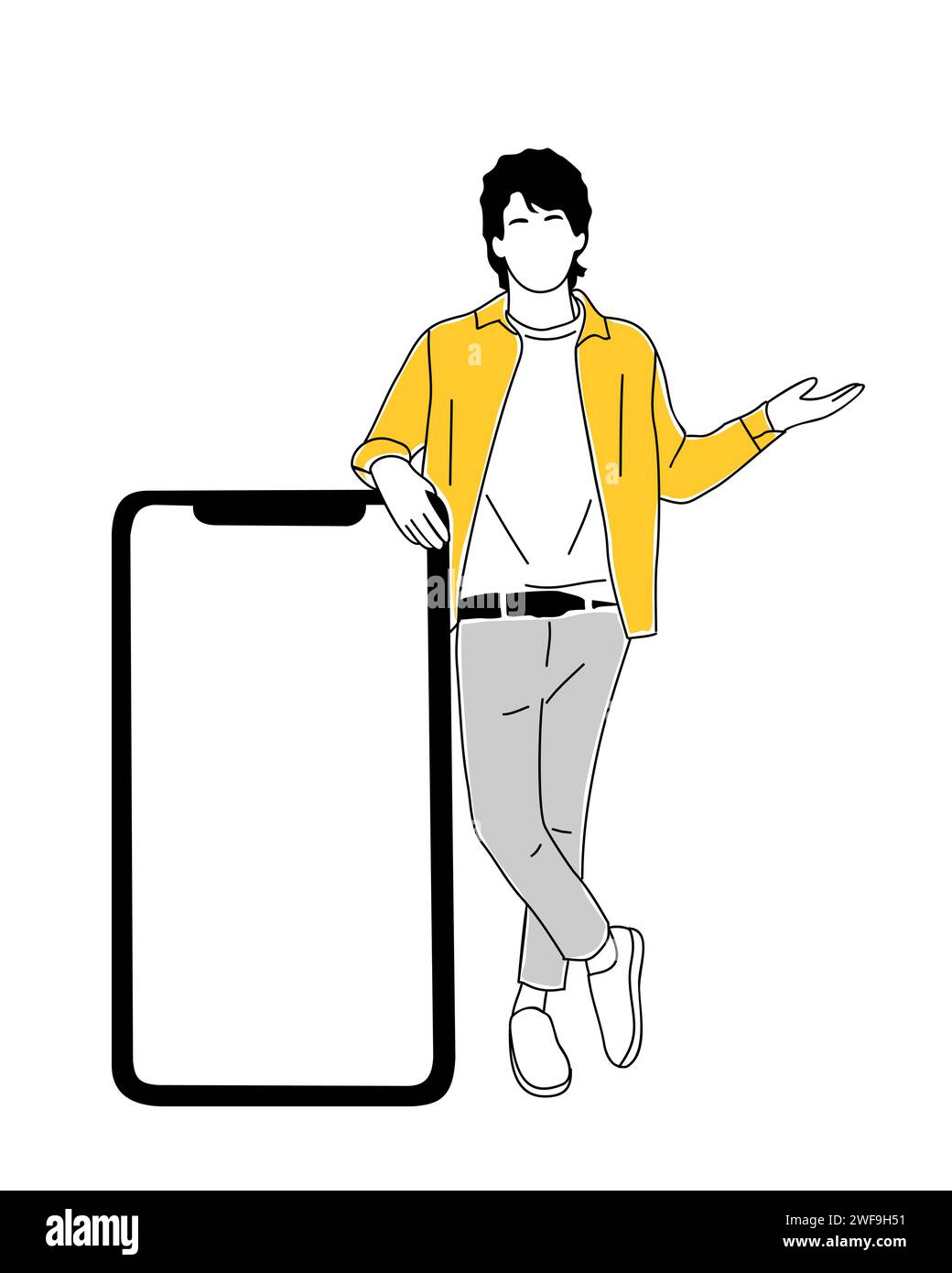Junger Mann, der den Modellvektor des Smartphones zeigt. Stock Vektor