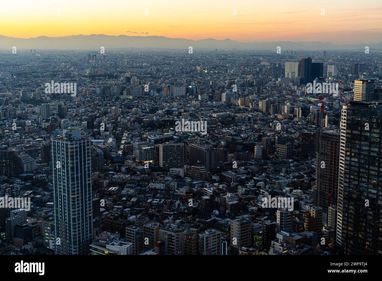 Tokio, Japan. Januar 2024. Panoramablick auf die Stadt bei Sonnenuntergang vom Nordobservatorium des Tokyo Metropolitan Government Building Stockfoto