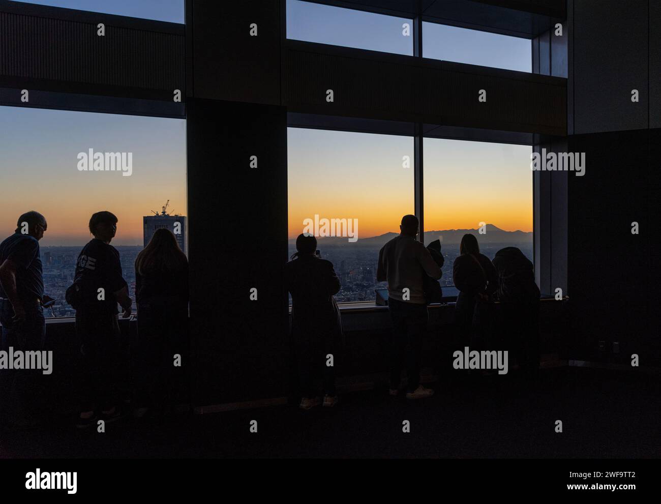 Tokio, Japan. Januar 2024. Menschen, die die Aussicht mit dem Fuji im Hintergrund vom Tokyo Metropolitan Government Building North Observatory im Stadtzentrum betrachten Stockfoto