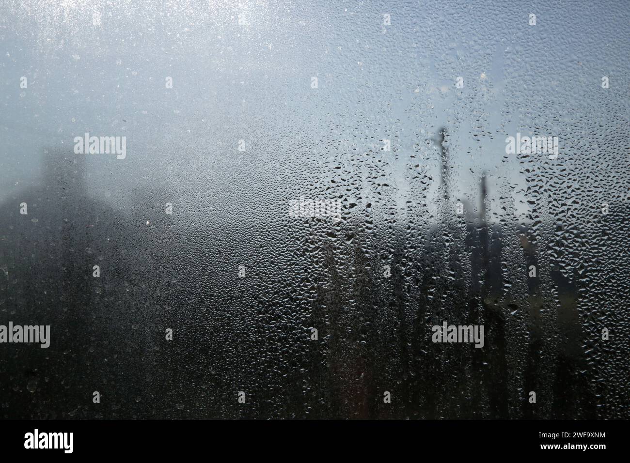 Nahaufnahme von Schwerwasserkondensation auf Fensterglas während eines Wintermorgens. Stockfoto