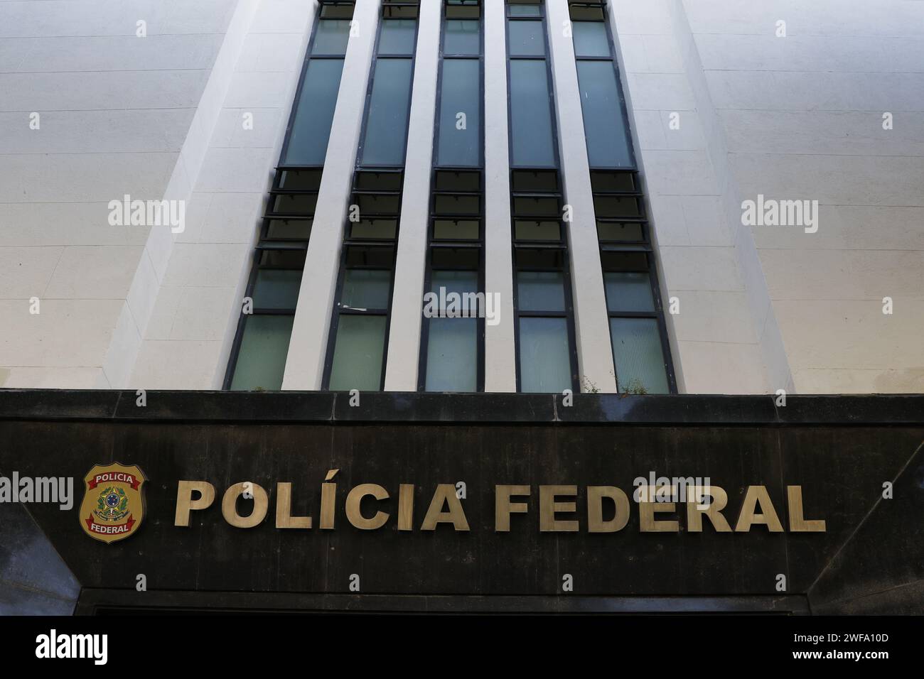 Hauptgebäude des Hauptquartiers der brasilianischen Bundespolizei. Brasilianische Bundesbehörde für Strafverfolgung - Rio de Janeiro, Brasilien 01.29.2024 Stockfoto