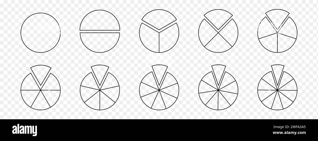 Set aus Donut- oder Tortendiagrammen mit getrennten Fragmenten. Kreis teilt sich auf gleiche Teile von 1 bis 10. Runde Formen, die in Schichten geschnitten werden, die auf transparentem Hintergrund isoliert sind. Vektorkontur, Abbildung Stock Vektor