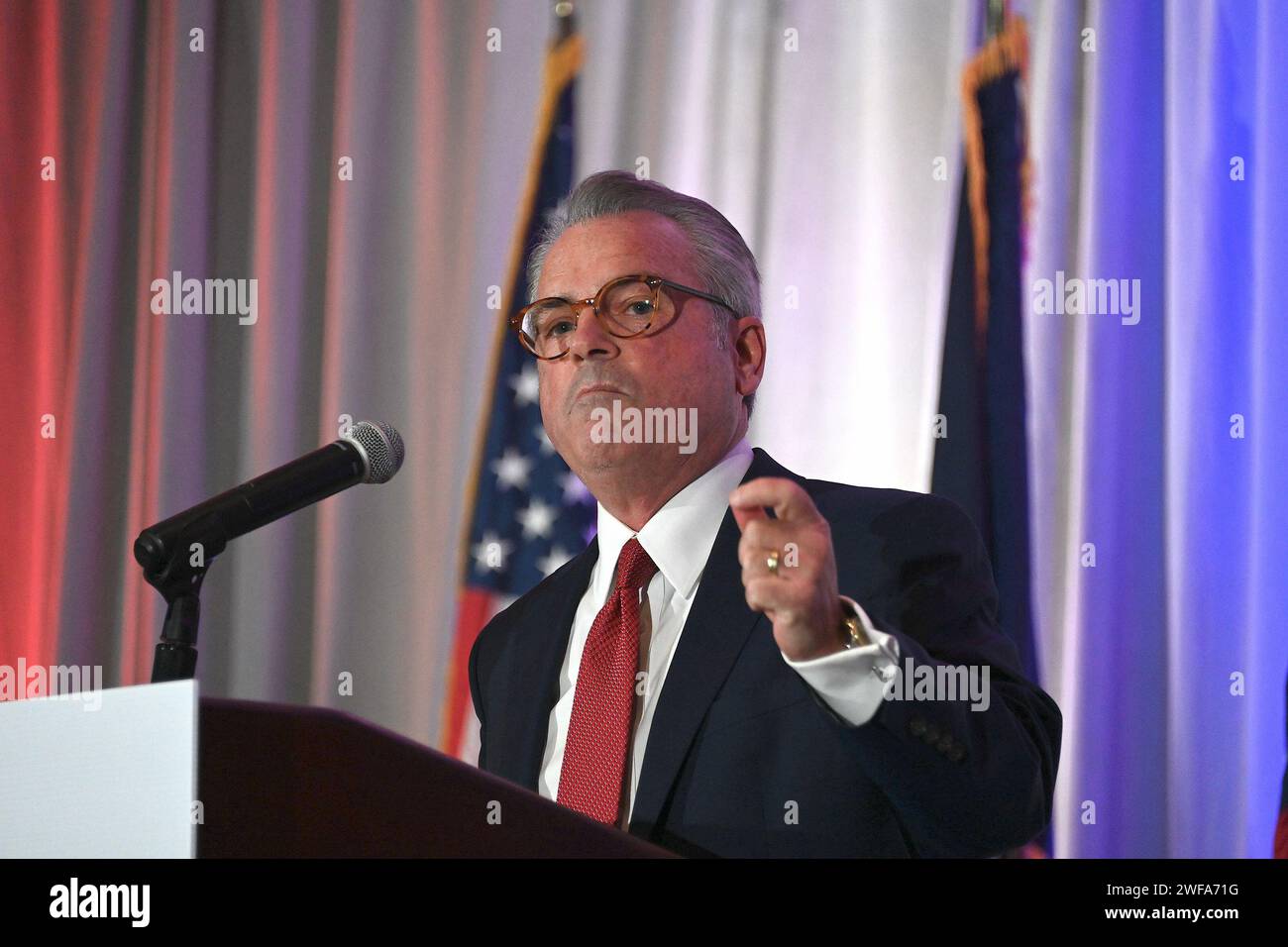 OVERLAND PARK, KANSAS - 27. JANAURY, 2024 Missouri Neuling-Kongressabgeordneter Mark Alford (R-MO) hält die Keynote beim jährlichen Bob Dole Dinner während der Kansas State GOP Convention im Marriott Hotel Stockfoto