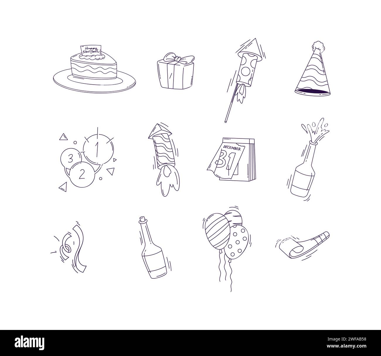 Glückliches neues Jahr Party Feier Doodle Linie Kunst Vektor Set Illustration Stock Vektor