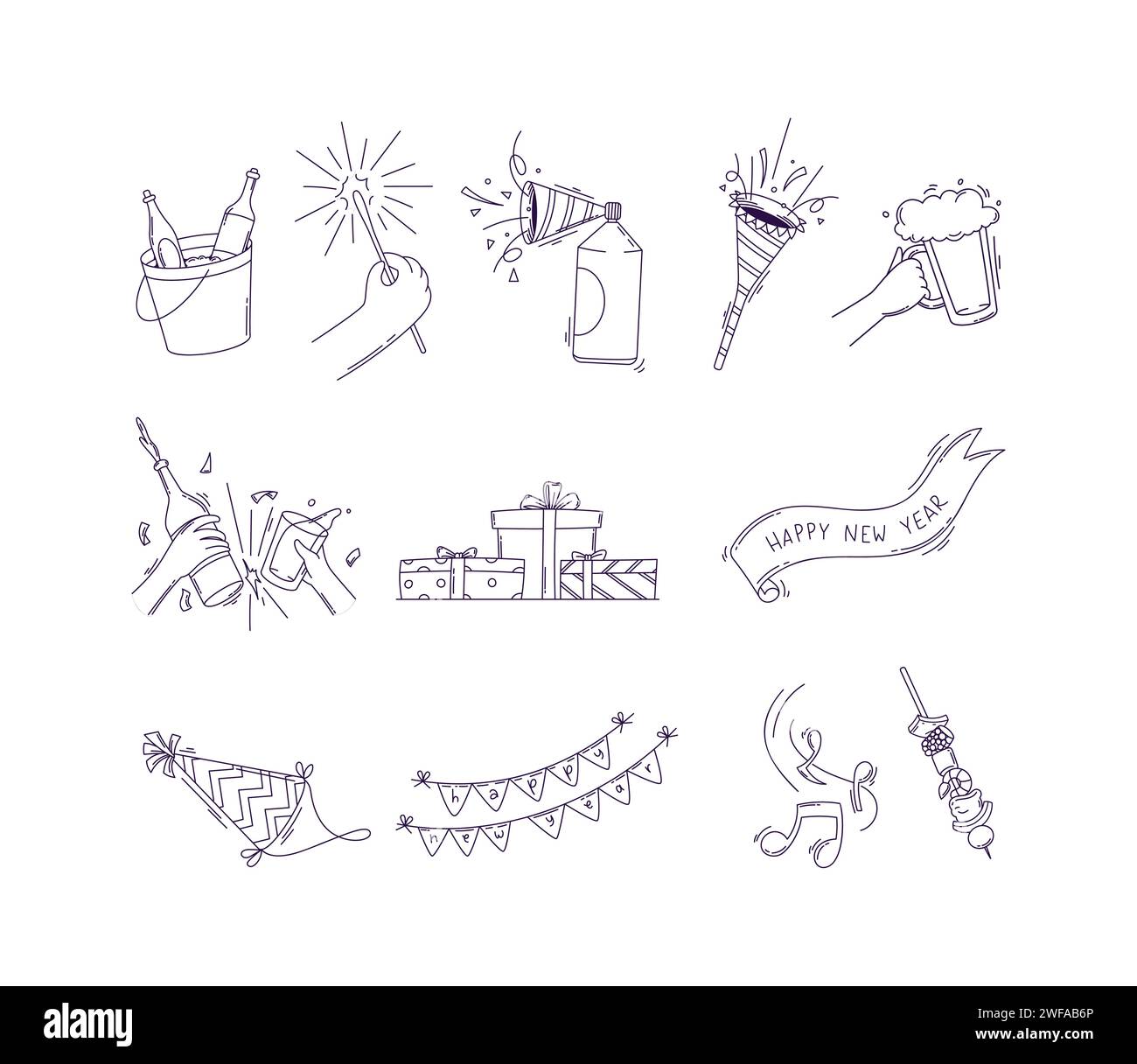 Glückliches neues Jahr Party Feier Doodle Linie Kunst Vektor Set Illustration Stock Vektor