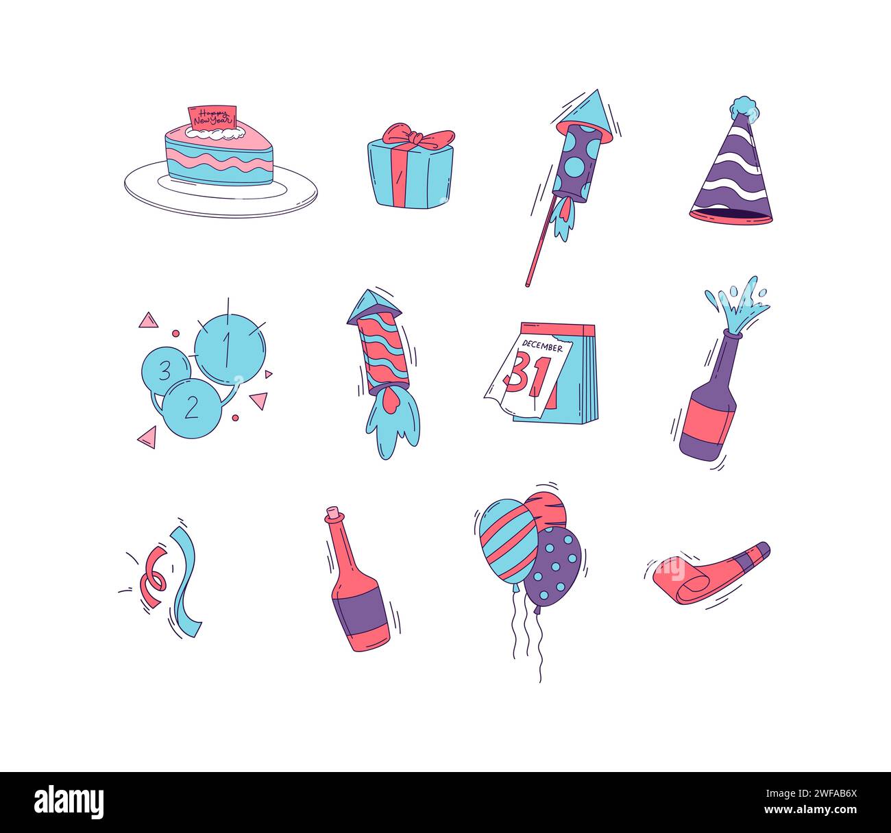 Glückliche Neujahrsparty Feier Kritzelvektor Set Illustration Stock Vektor