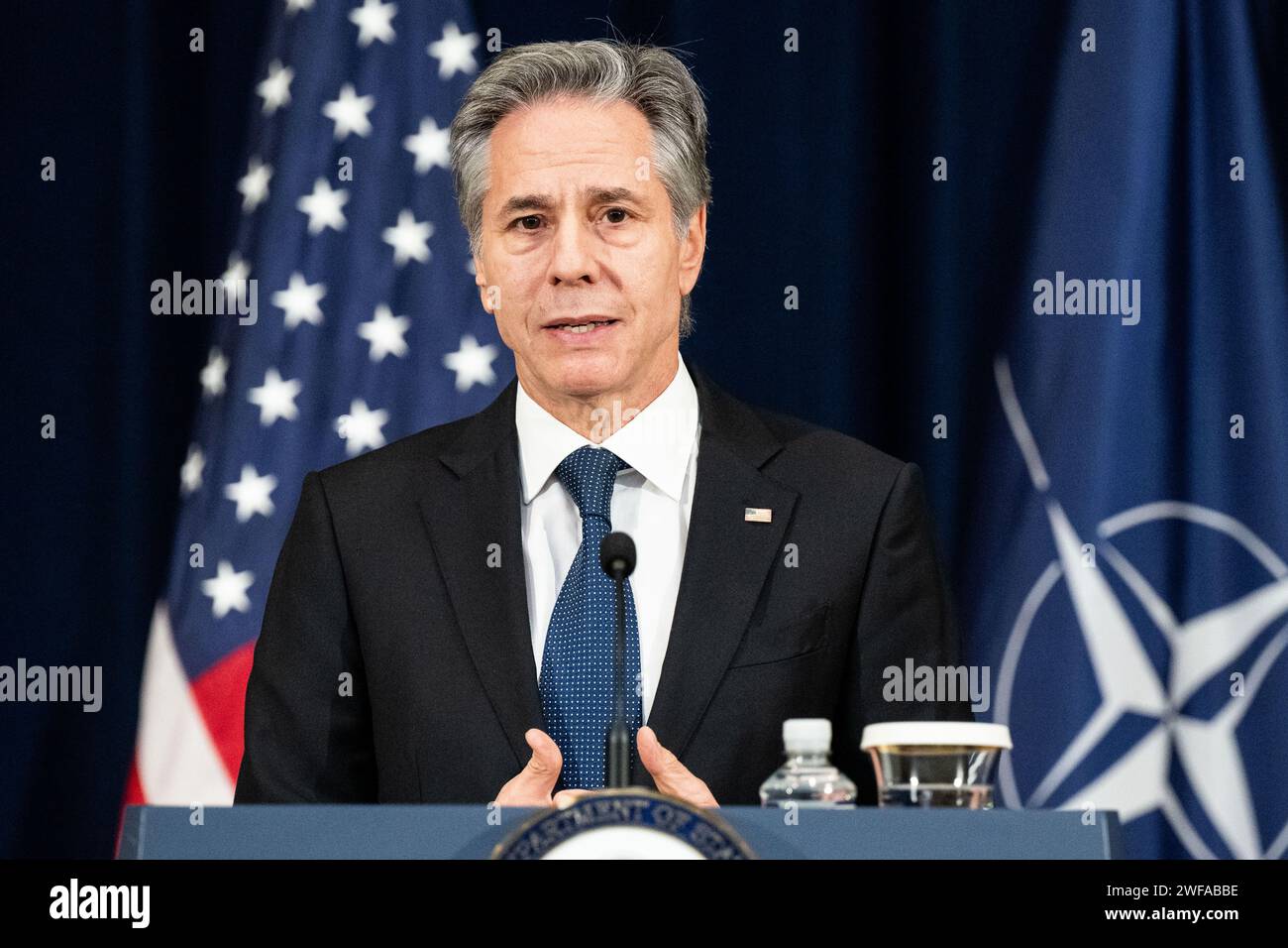 Washington, Usa. Januar 2024. US-Außenminister Antony Blinken sprach auf einer NATO/US-Pressekonferenz im US-Außenministerium in Washington, DC. Quelle: SOPA Images Limited/Alamy Live News Stockfoto