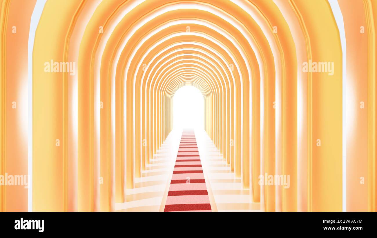 Ein 3D-Rendering eines langen, goldenen Bogengangs mit einem roten Teppich, der zu einem strahlenden Licht in der Ferne führt Stockfoto
