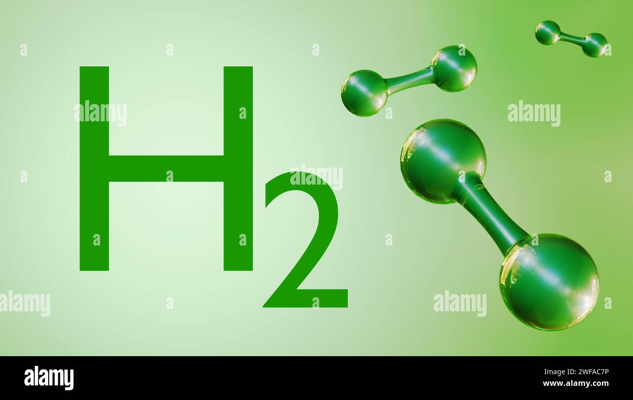 3D-Rendering von grünem Wasserstoff, auch bekannt als erneuerbarer Wasserstoff. Grüner Wasserstoff ist der sauberste und nachhaltigste Wasserstoff Stockfoto