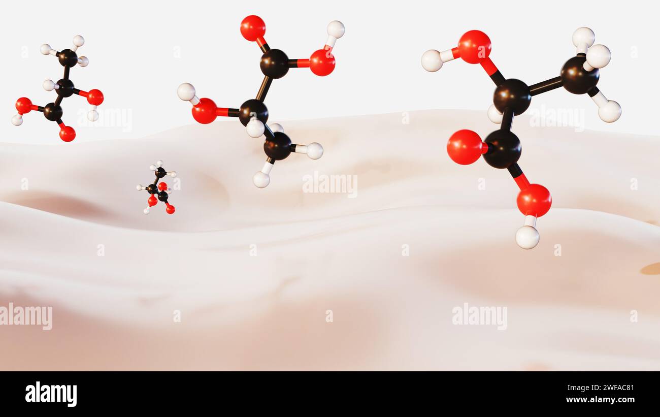 3D-Darstellung von Milchsäuremolekülen und Milch. Stockfoto