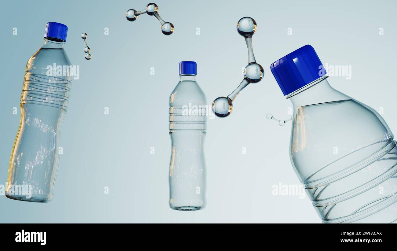 3D-Darstellung einer schwimmenden Wasserflasche mit H2O-Molekülen Stockfoto