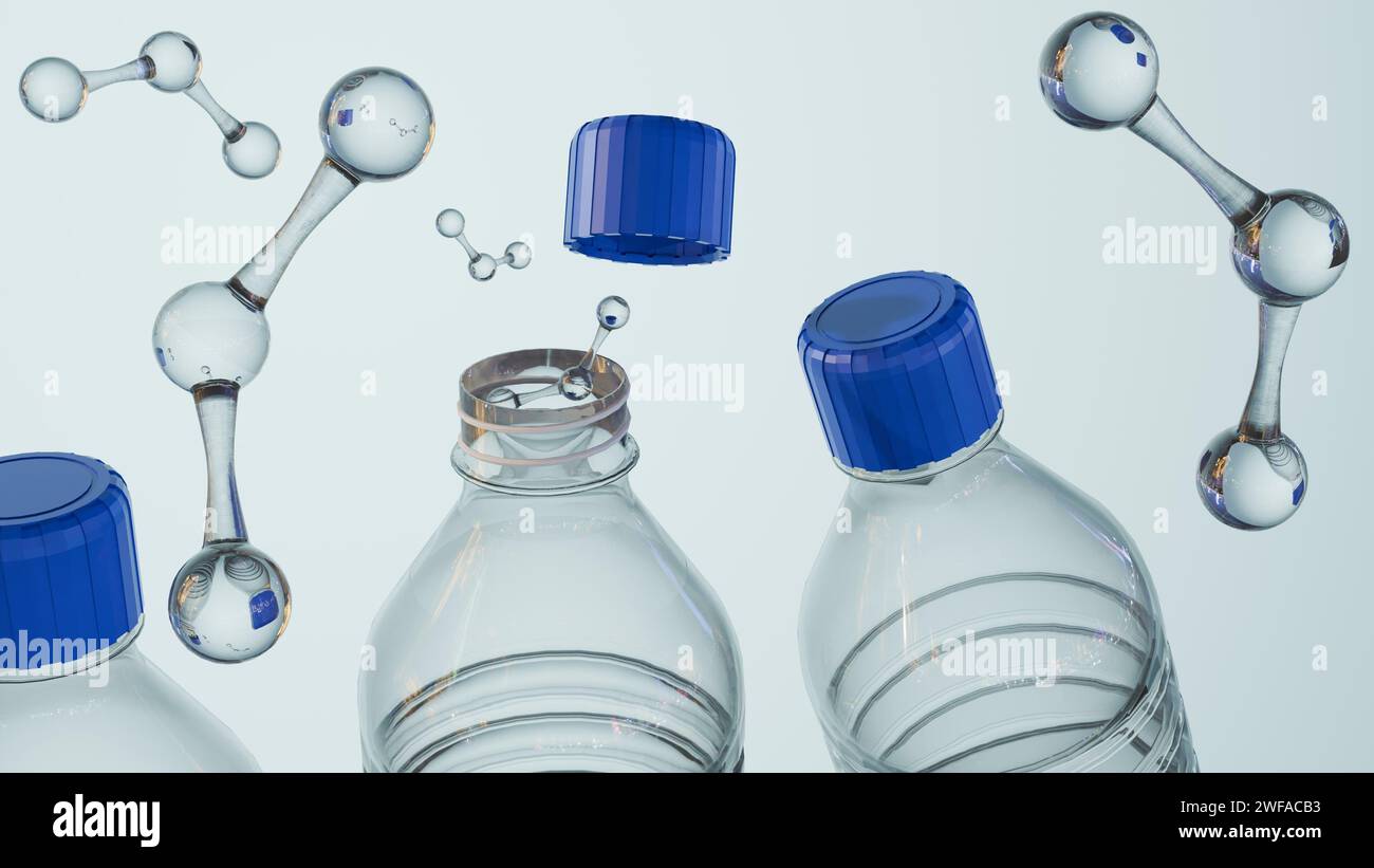 3D-Darstellung einer schwimmenden Wasserflasche mit H2O-Molekülen Stockfoto