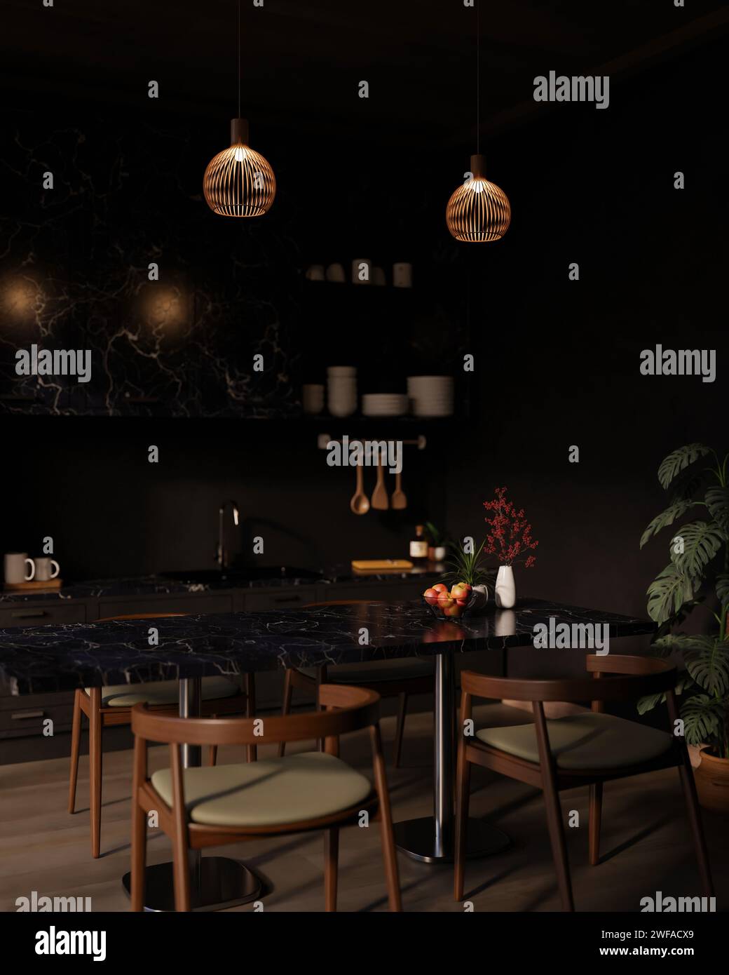 Inneneinrichtung einer modernen, luxuriösen dunklen Küche mit schwarzem Marmor-Esstisch, schwarzen Küchenablagen, schwarzer Wand und modernen Pendelleuchten. 3D Stockfoto