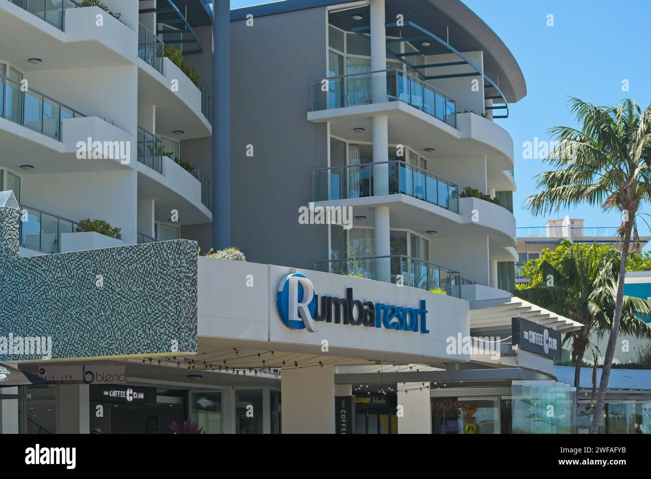Caloundra, Queensland, Australien - 19. März 2023: Das Rumba Resort ist ein beliebter Ort für Touristen. Stockfoto