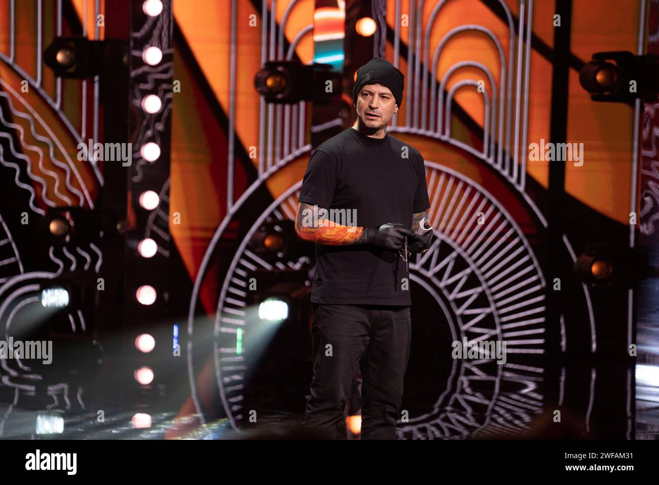 Mino Abacuccio besucht die erste Episode der berühmten Comedy-Show „Mad in Italy“ im RAI-Auditorium von Neapel. Stockfoto