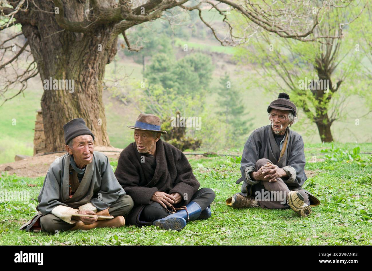 Drei ältere Männer aus Bhutan sitzen auf Gras vor dem Dorf Ugyen Choling in Bhutan Stockfoto