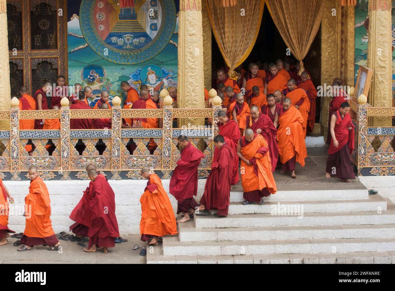 Eine große Gruppe von Mönchen in Rot und Orange verlässt Punakha Dzong, das Festungskloster und die Winterresidenz von Abt, Bhutan Stockfoto