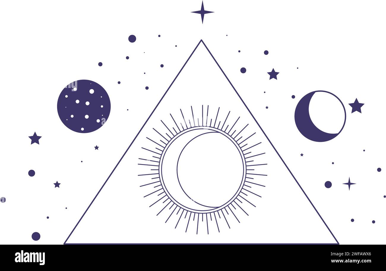 Mystische Pyramidensymbol mit Mond und Sonnenplaneten Stock Vektor