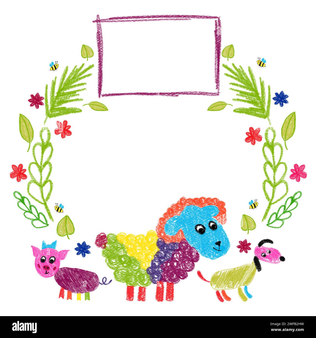 Rahmen von handgezeichneten Kindertieren mit Blumen und Gras auf weißem Hintergrund. Schaf, Schwein, Hund. Kinderzeichnungen mit Bleistifttechnik. Isolierter im Stockfoto