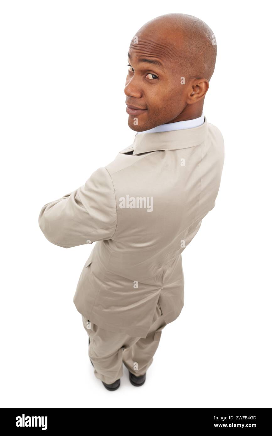 Porträt, Blick über die Schulter und schwarzer Mann mit Startup, Anzug und Angestellter isoliert auf weißem Studio Hintergrund. Gesicht, Rücken und Unternehmer mit Stockfoto