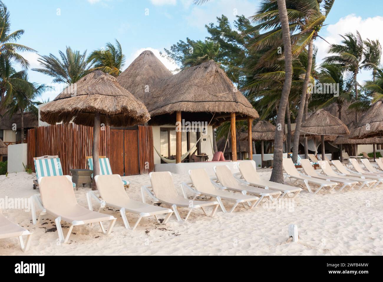 Liegestühle in einem Resort am Meer in Playa del Carmen, Mexiko Stockfoto