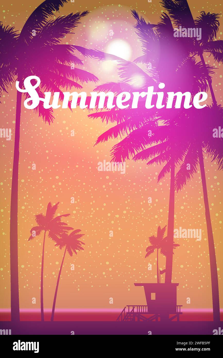Sommer Retro Poster, Sonnenuntergang. Rettungsschwimmer Haus am Strand Stock Vektor