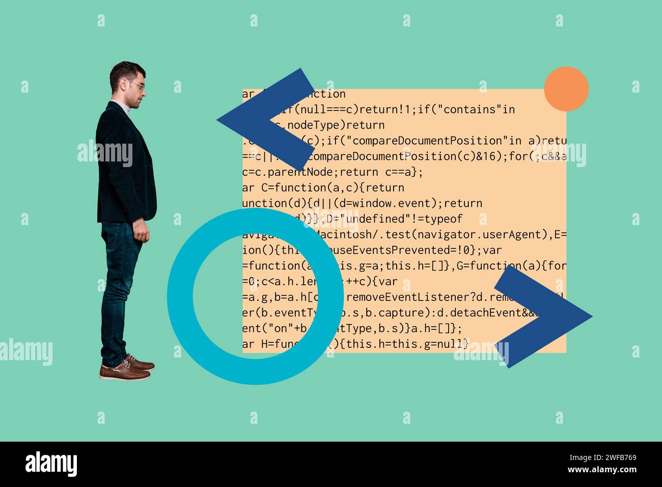 Kreative Postercollage von Arbeiter Mann Manager Programmierer Data Science Coding App Datenoptimierung seltsamer Freak bizarr ungewöhnliche Fantasie Stockfoto