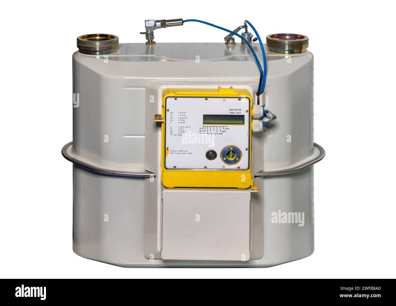 Anzeige des elektrischen Gaszählers. Energieversorgungskonzept. Das Bild wird auf einem weißen Hintergrund isoliert. Stockfoto